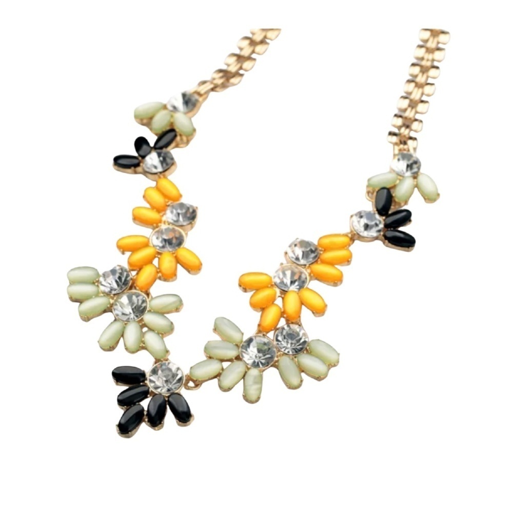 Floral Crystal Statement Necklace – Yellow, Green & Black Resin Petals - Picture 2 of 2